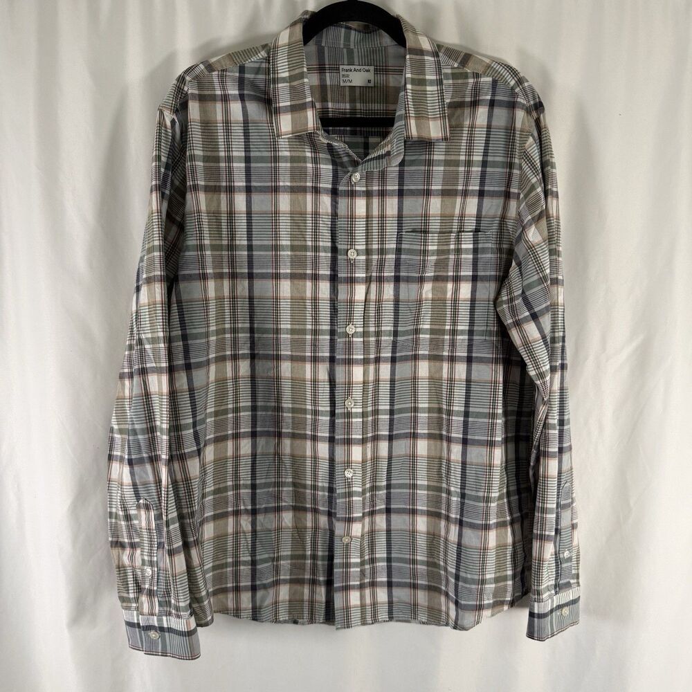 Frank and Oak Shirt Men's Medium Green Plaid Button Up Long Sleeve 100% Cotton